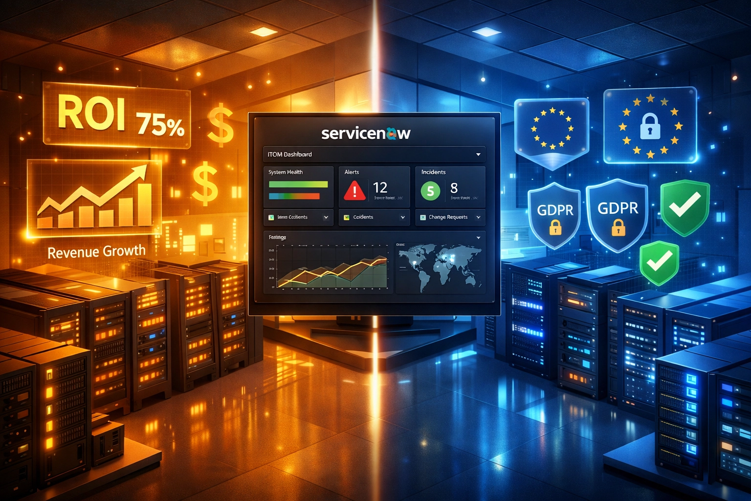 ServiceNow ITOM dashboard comparing US ROI metrics with EU compliance requirements