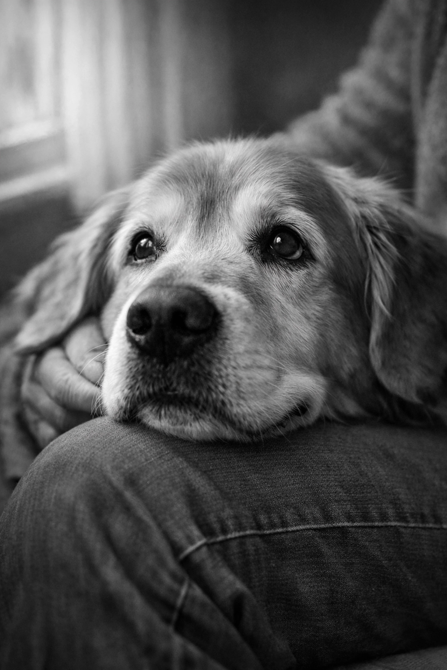 Senior rescue dog with gray muzzle showing gratitude and trust with owner
