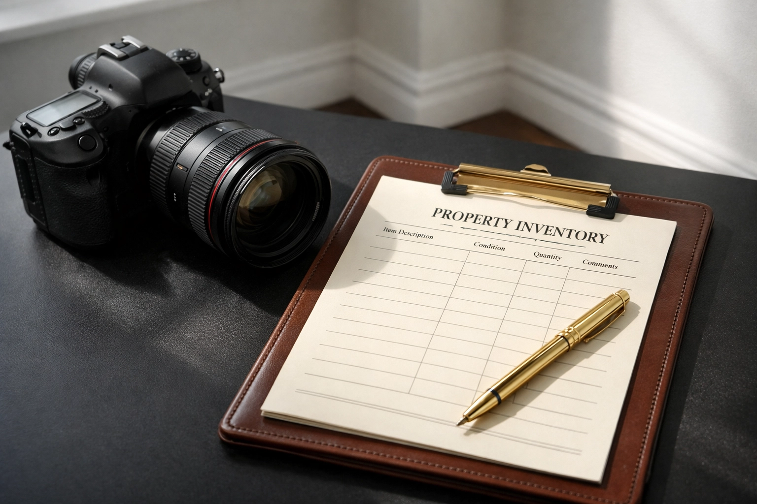 Professional property inventory documentation equipment including camera and inspection clipboard