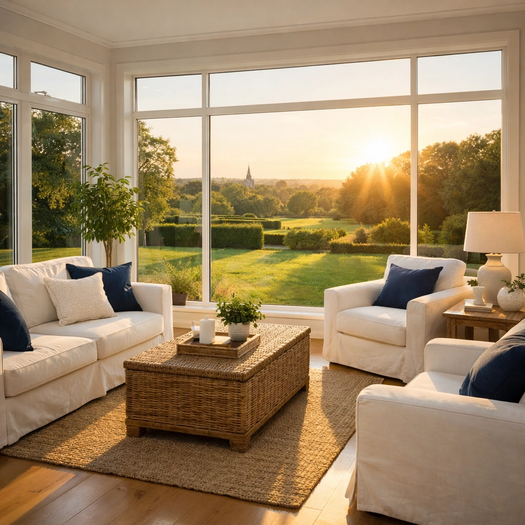 Sunlit modern sunroom highlighting the results of premium residential cleaning Massachusetts.