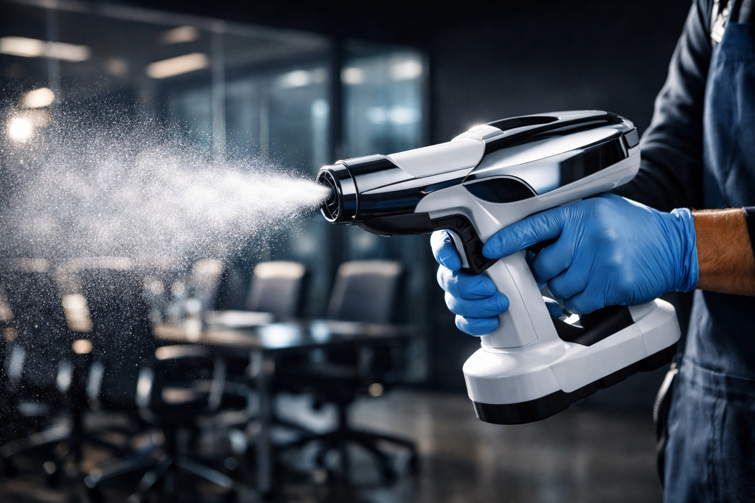Electrostatic sprayer for eco-friendly commercial disinfection in office setting