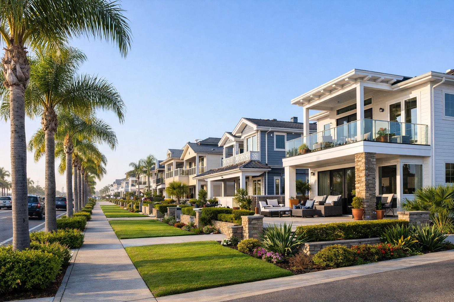 Upscale residential rental properties on a sunlit street in Huntington Beach, Orange County.