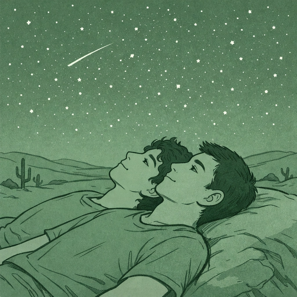 Two young men stargazing together on desert boulder - MM romance spiritual moment of prayer and reflection