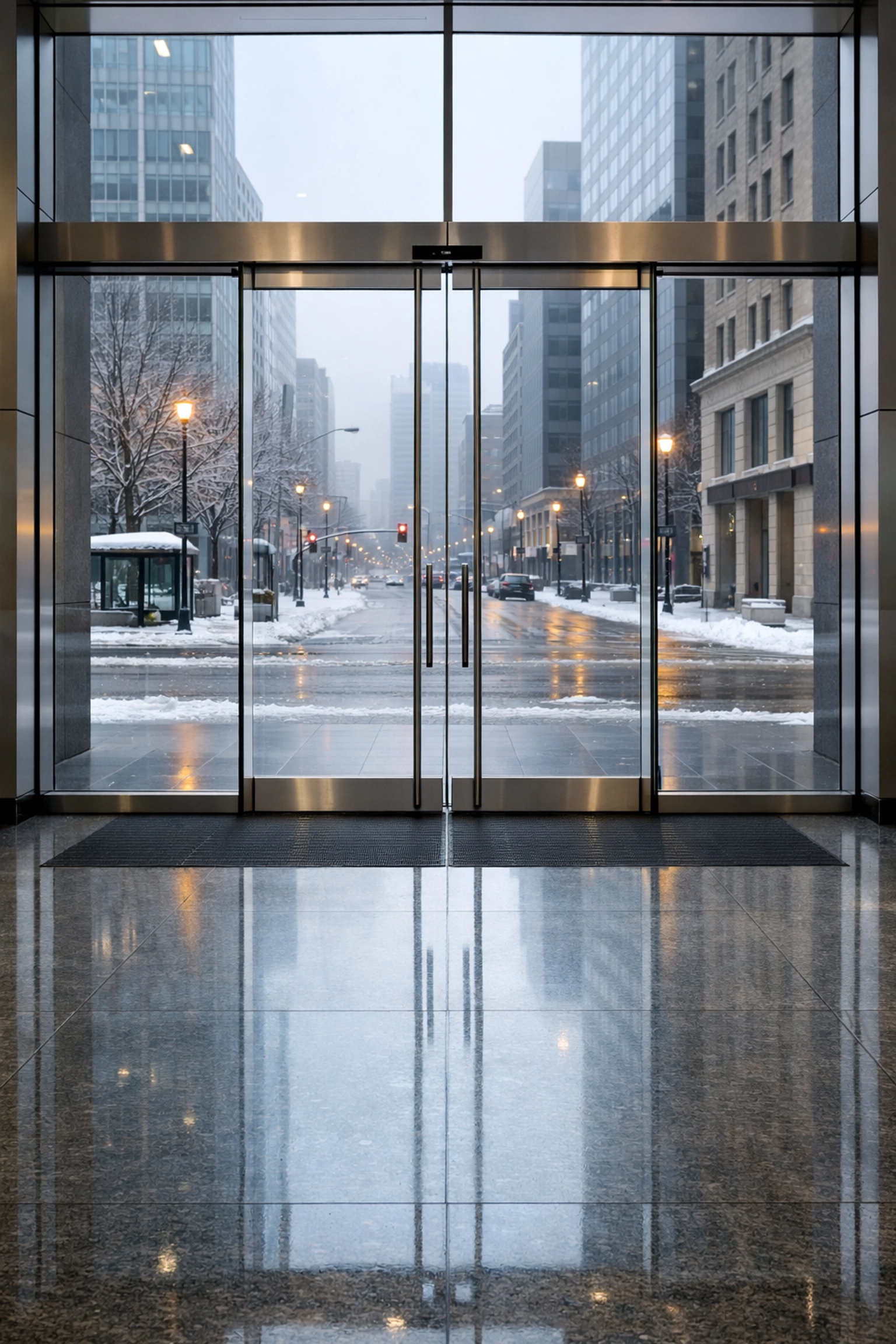 Modern Midwest office building entrance featuring a polished lobby floor after a professional deep cleaning service.