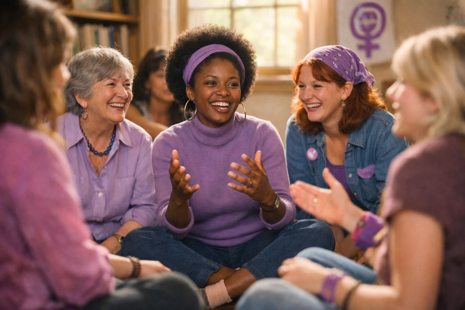 Lesbian feminists in consciousness-raising workshop discussing visibility and rights