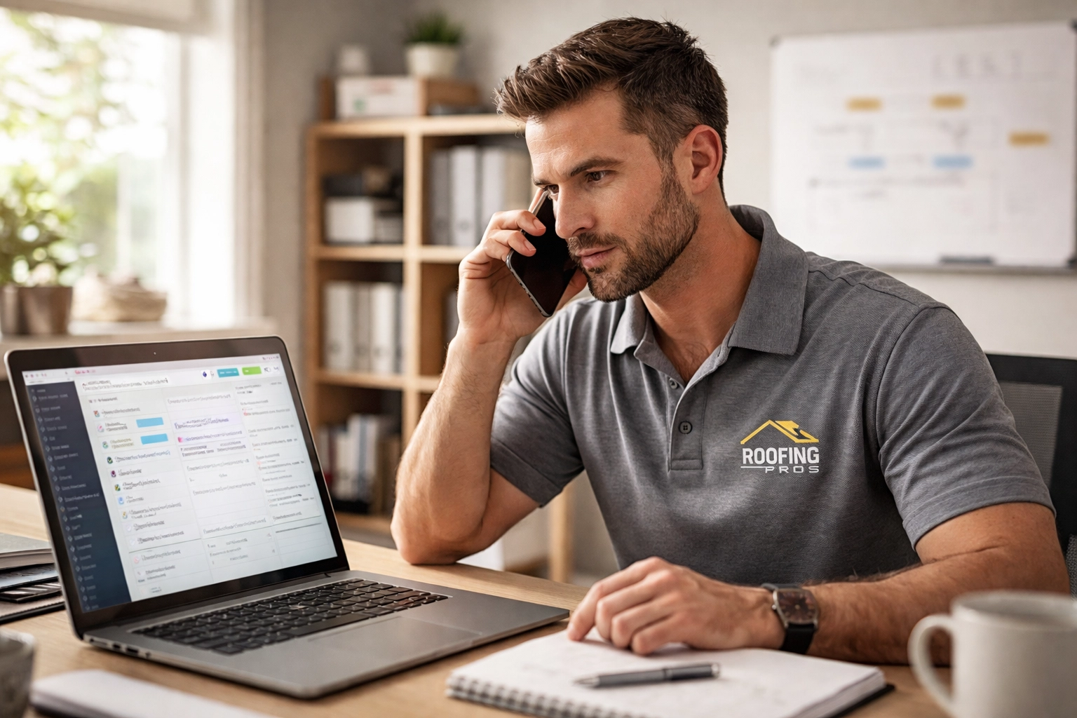 Roofing contractor qualifying a lead on the phone while reviewing sales data in a CRM system