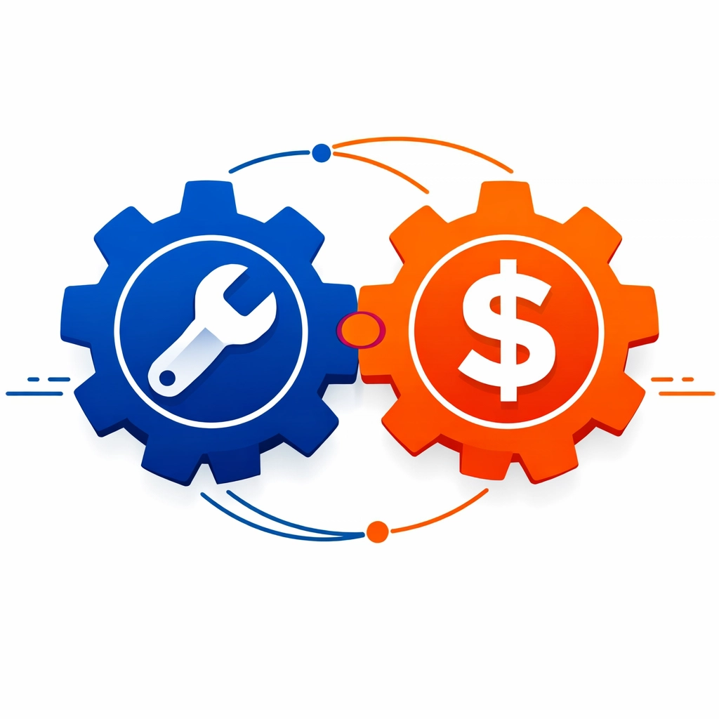 Illustration of synchronized gear icons for field service tasks and accounting finances.