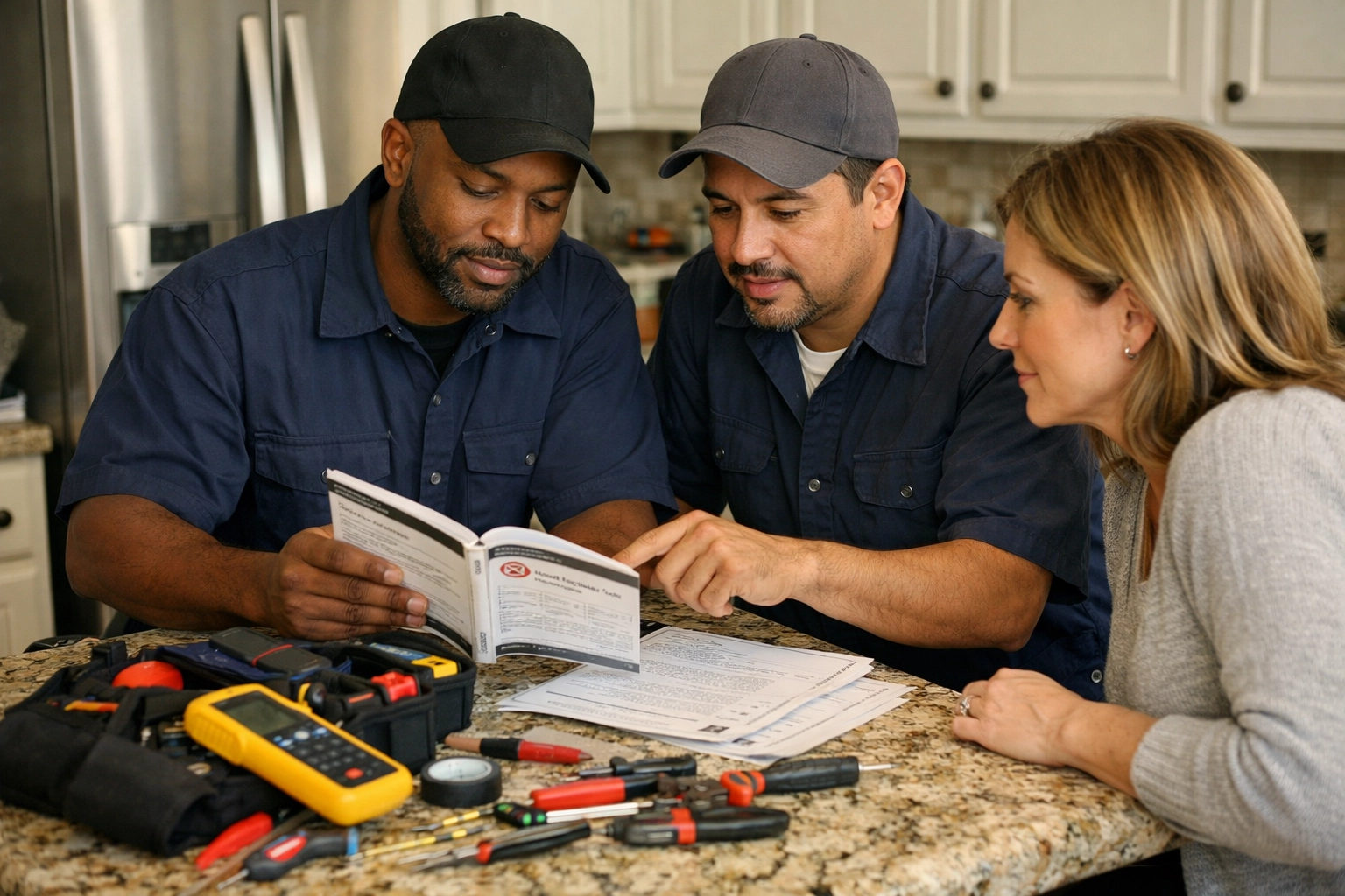Two electricians—one African American and one Mexican—review code paperwork and tools on a kitchen counter while a homeowner listens.