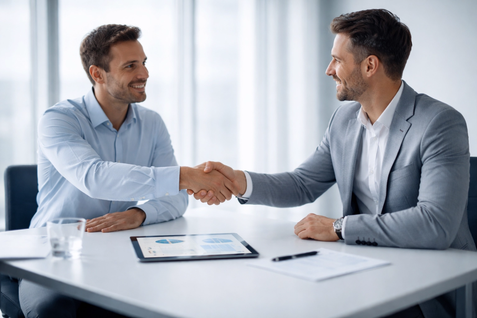 Two business professionals shaking hands over financial documents, illustrating successful online business sale negotiations.