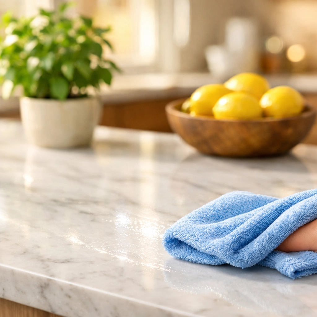 Eco-friendly kitchen cleaning in Burlington MA using safe products on a sparkling marble island.