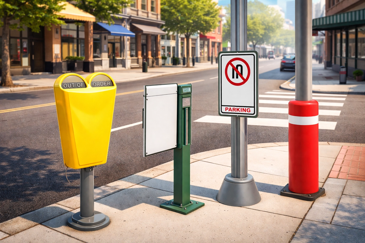 City street with various sign covers in use, including parking meter covers, slide covers, and bollard covers.