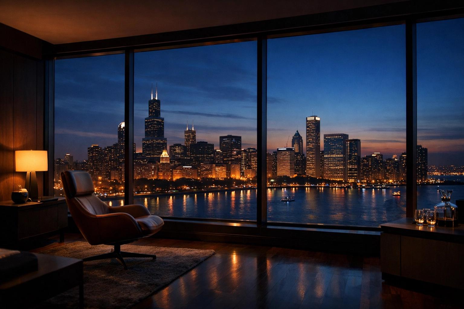 Modern apartment interior overlooking a Midwest city skyline at dusk, representing professional turnover success.