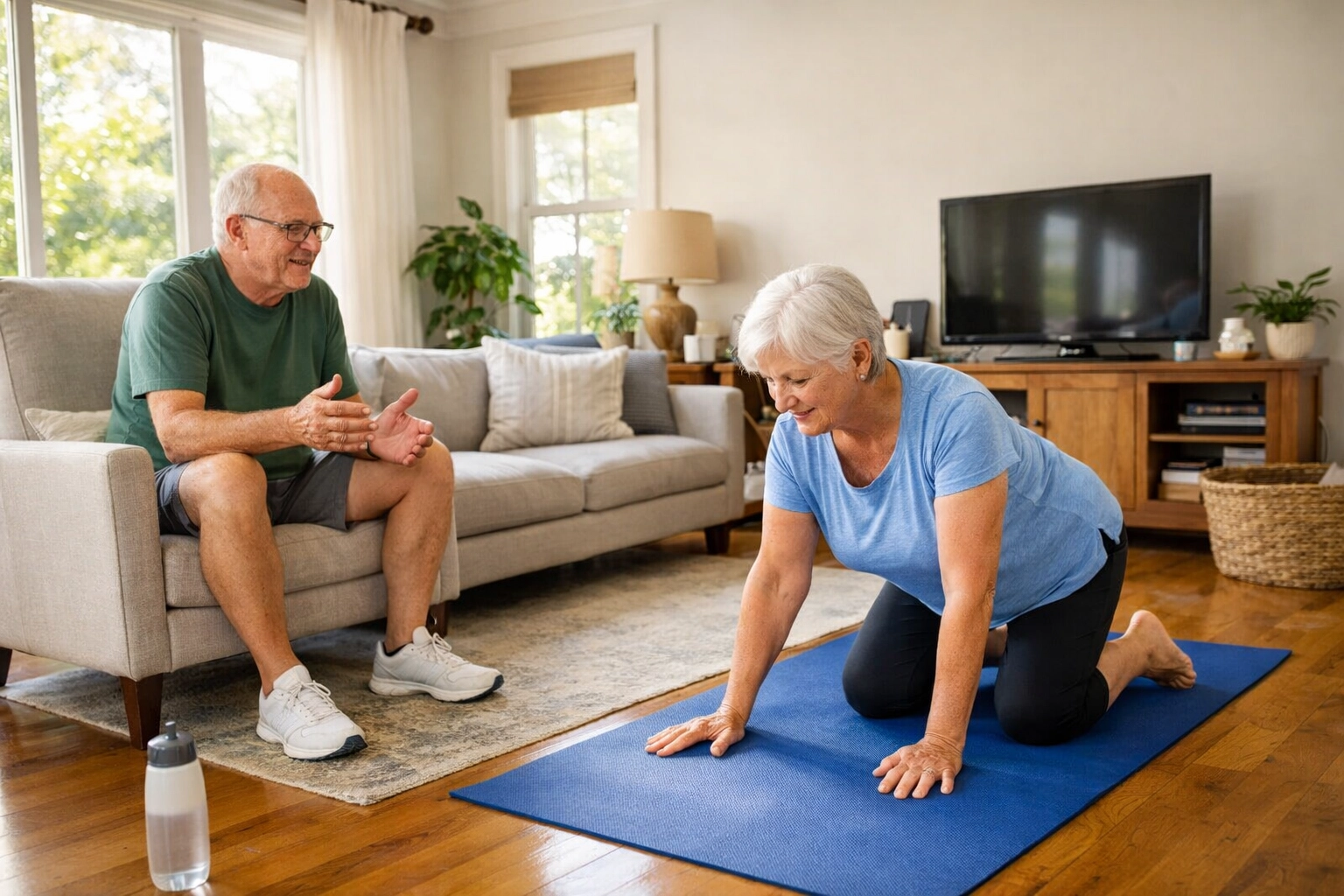 Two seniors practicing safe fall recovery technique together on yoga mat at home