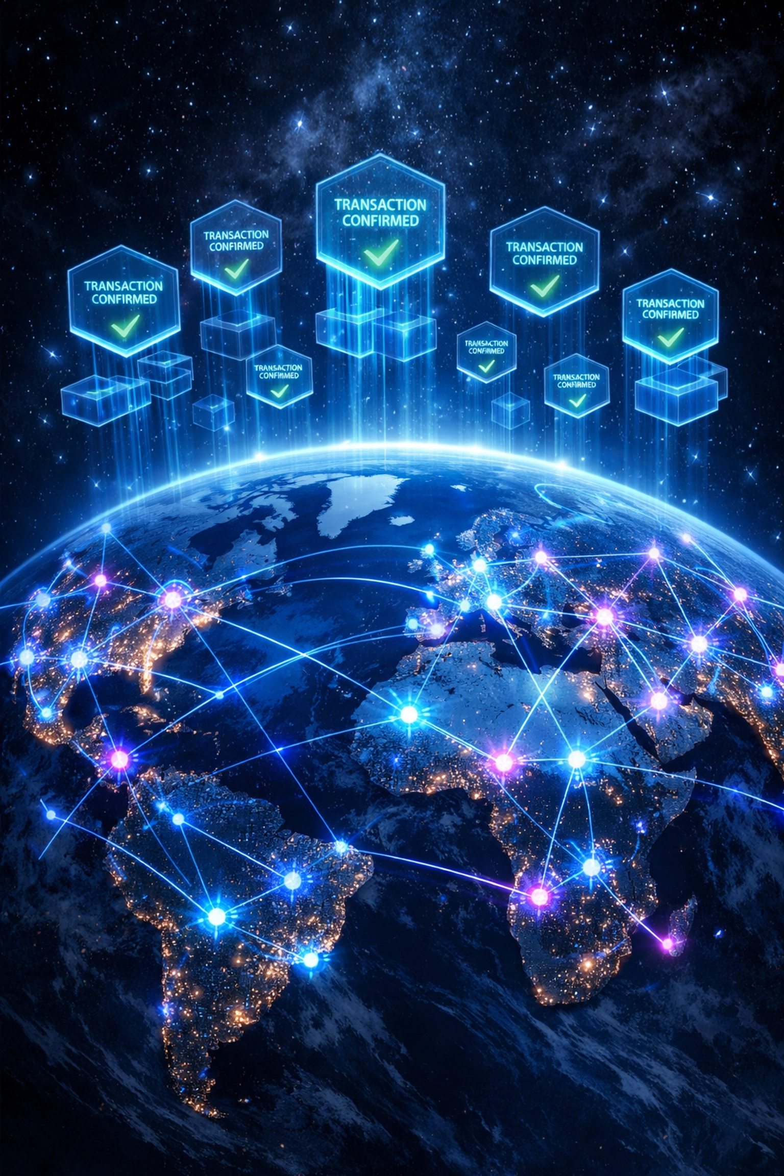 Global network of decentralized validator nodes processing blockchain transactions across continents