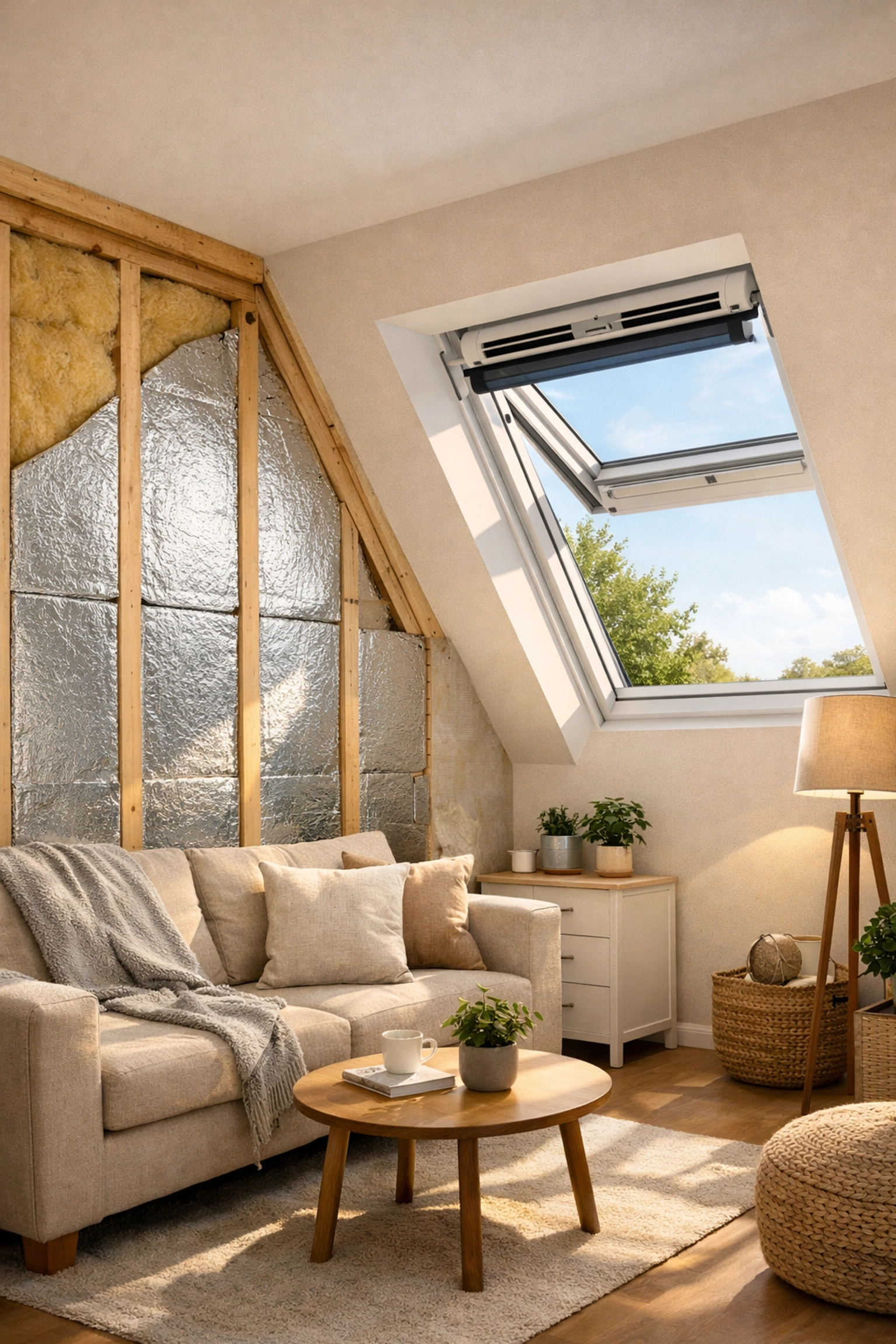 Loft conversion insulation and ventilation system with roof window in London home