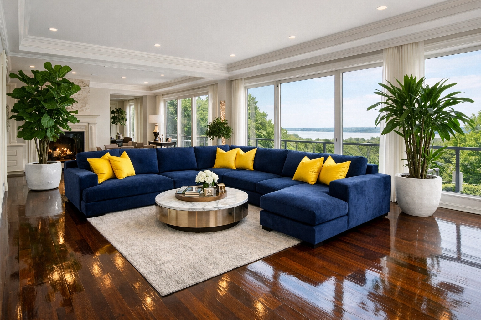 Clean living room with polished floors after professional house cleaning in Holliston.