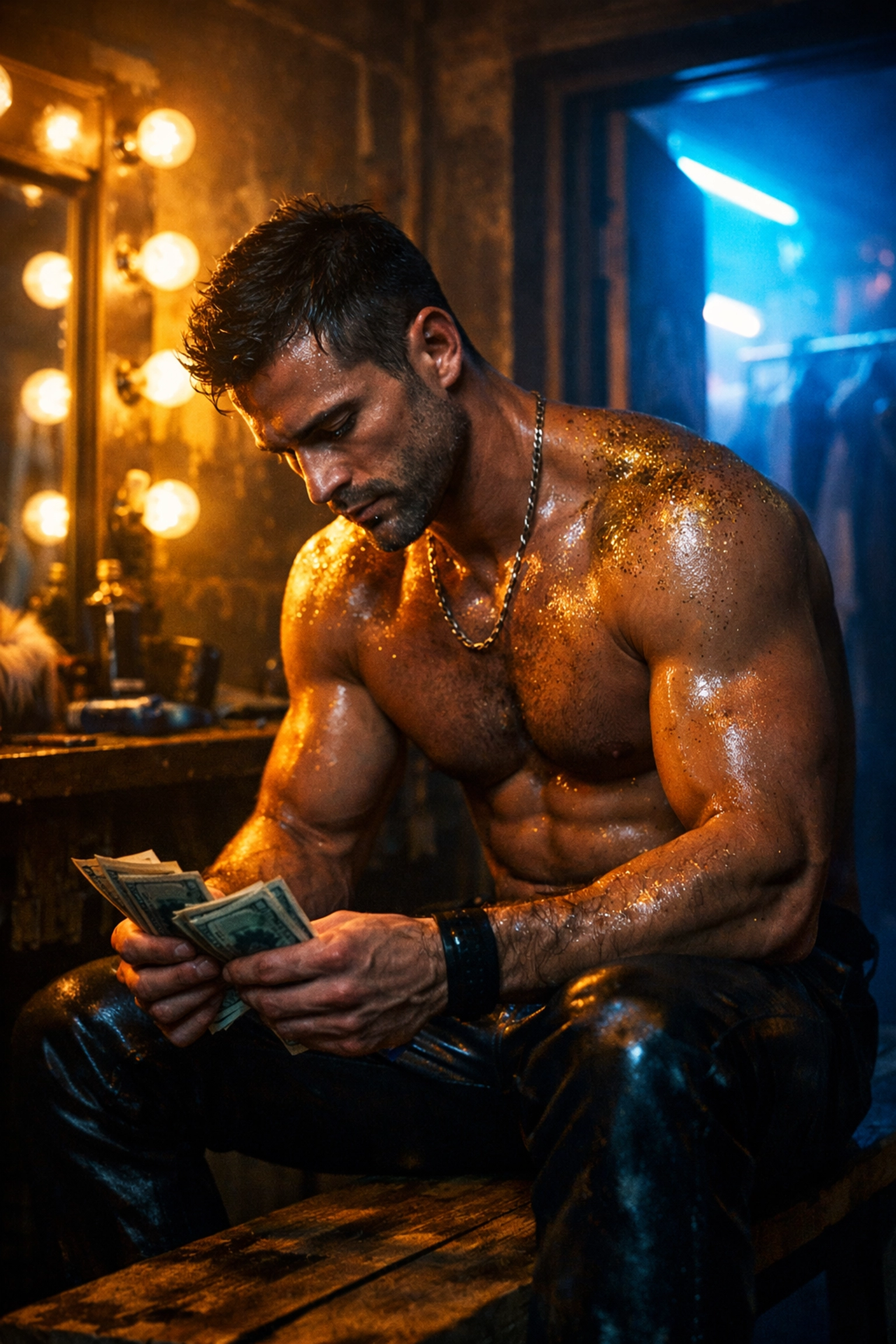 A pensive gogo dancer counts his cash in a dressing room, a scene from a working-class MM romance novel.