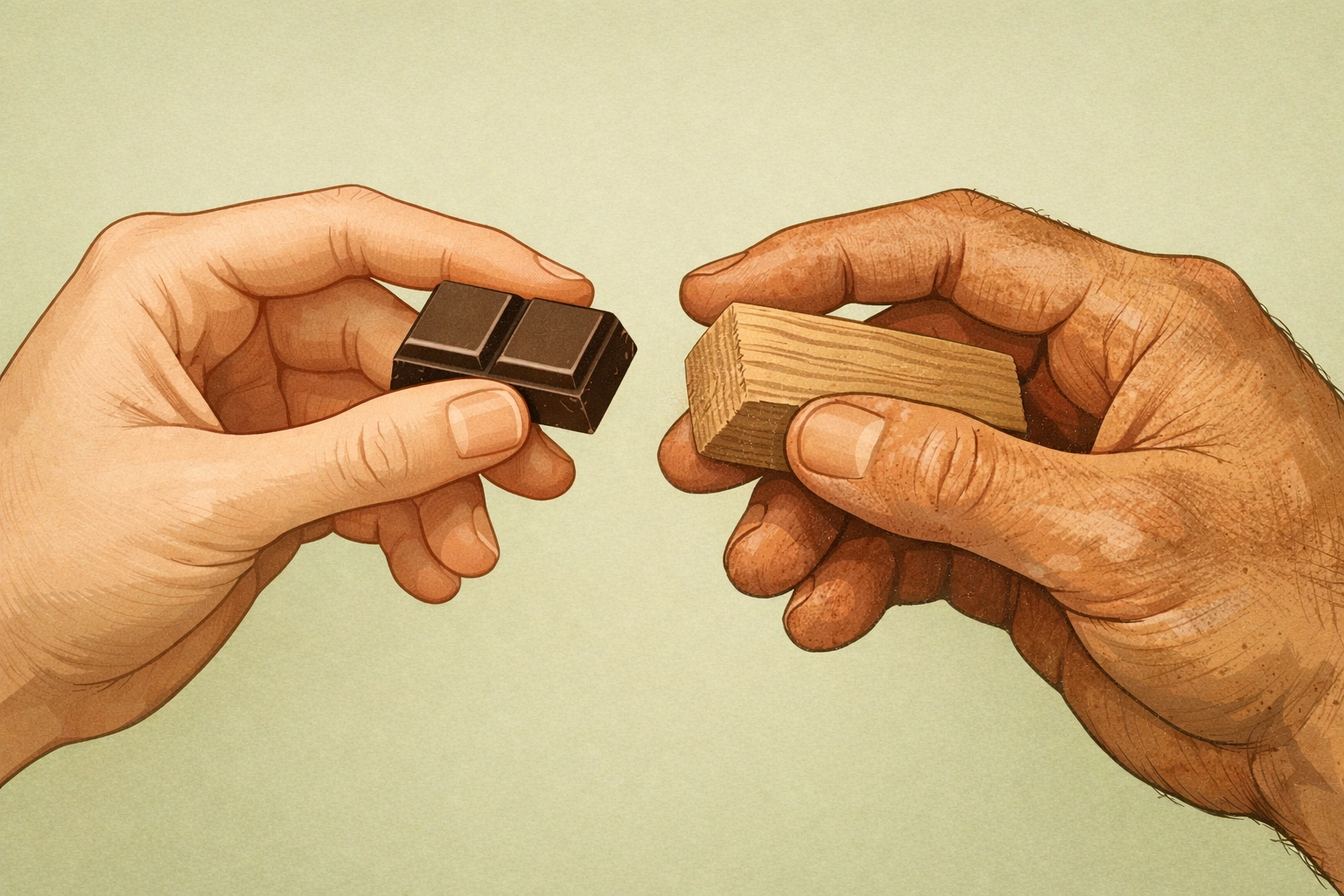 MM romance chemistry: hands holding chocolate and wood symbolizing connection