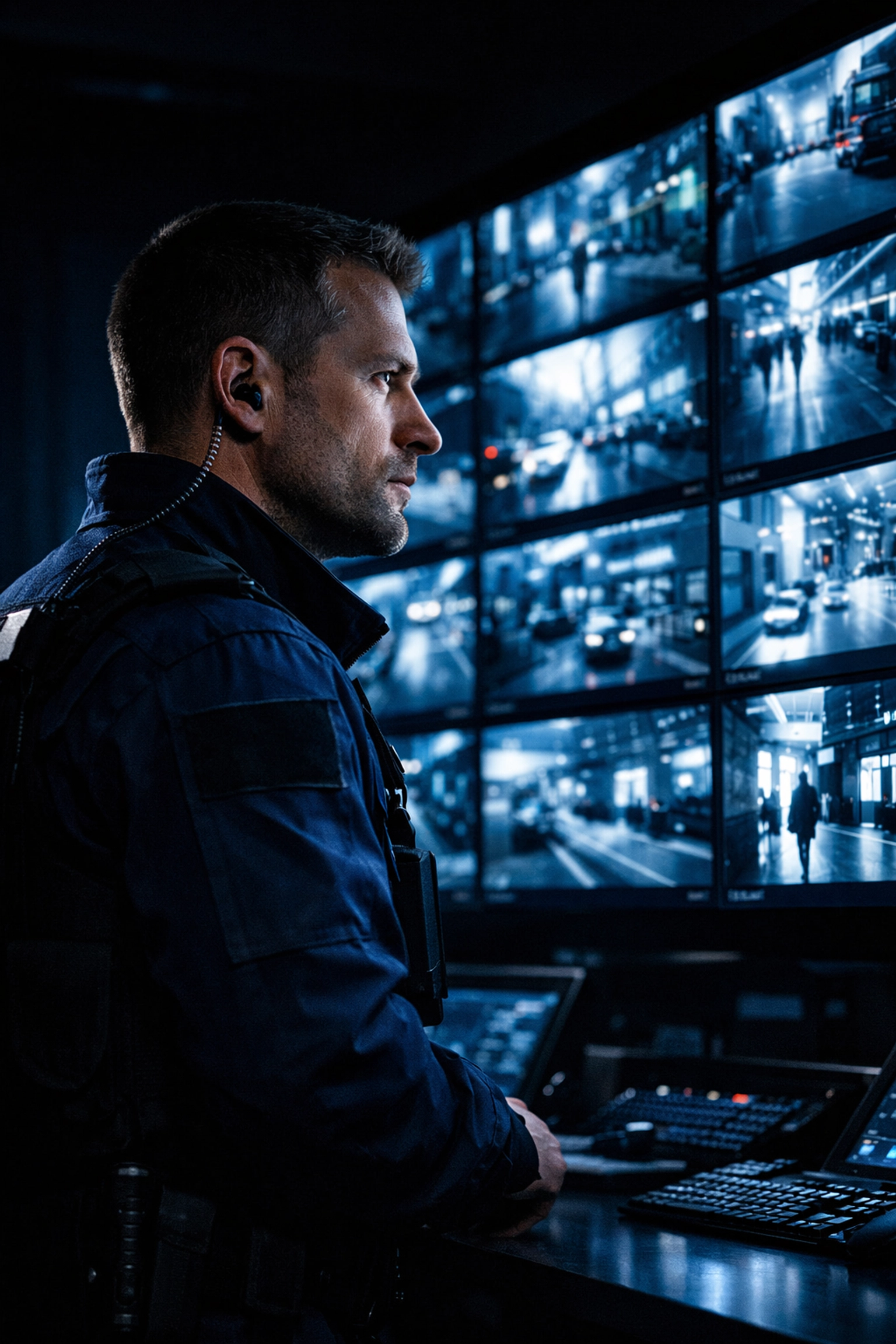 Security guard monitoring real-time surveillance feeds in a Northern Virginia command center.
