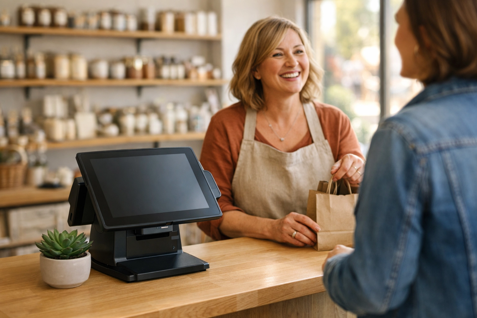 Independent boutique owner using a modern retail pos system for a customer transaction.