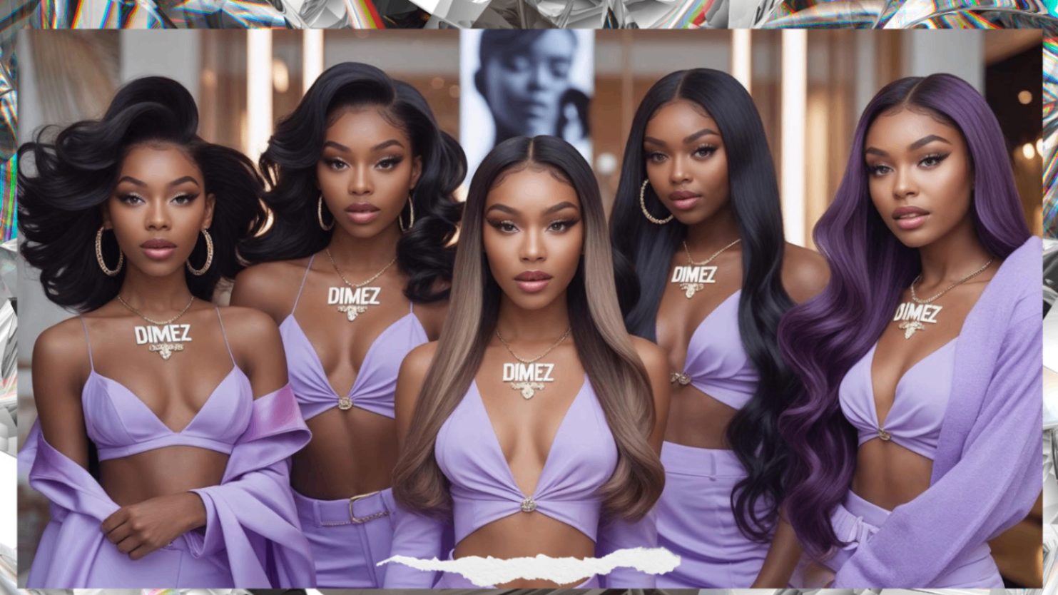 Five women with expertly styled hair extensions in a polished studio