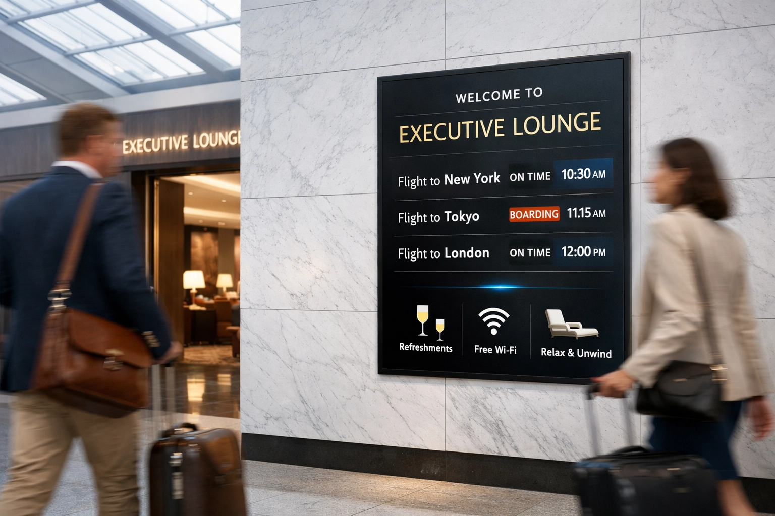 Professional travelers passing a high-end digital brand display inside a luxury airport terminal.