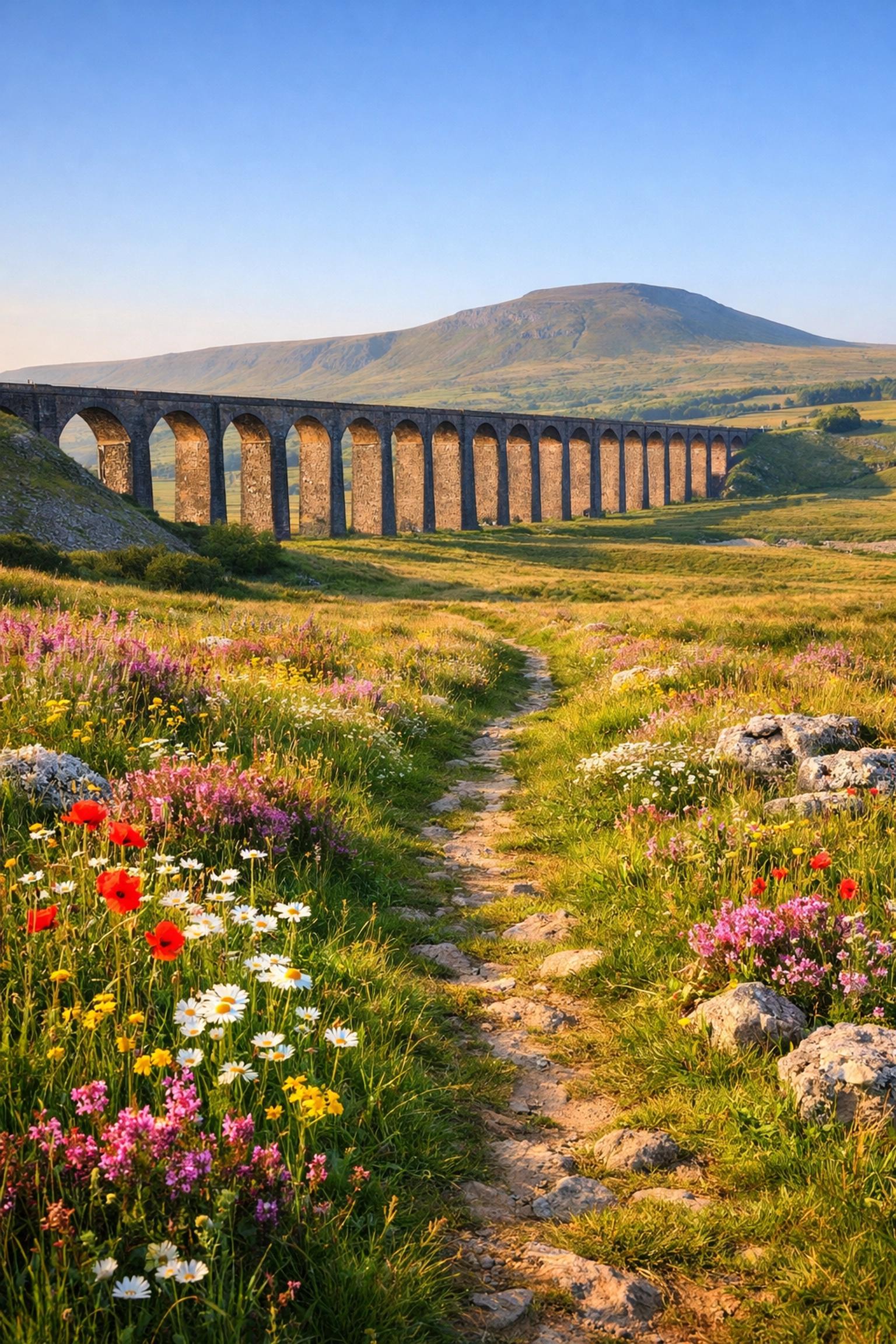 Hiking path leading to the Ribblehead Viaduct in the green hills of the Yorkshire Dales.