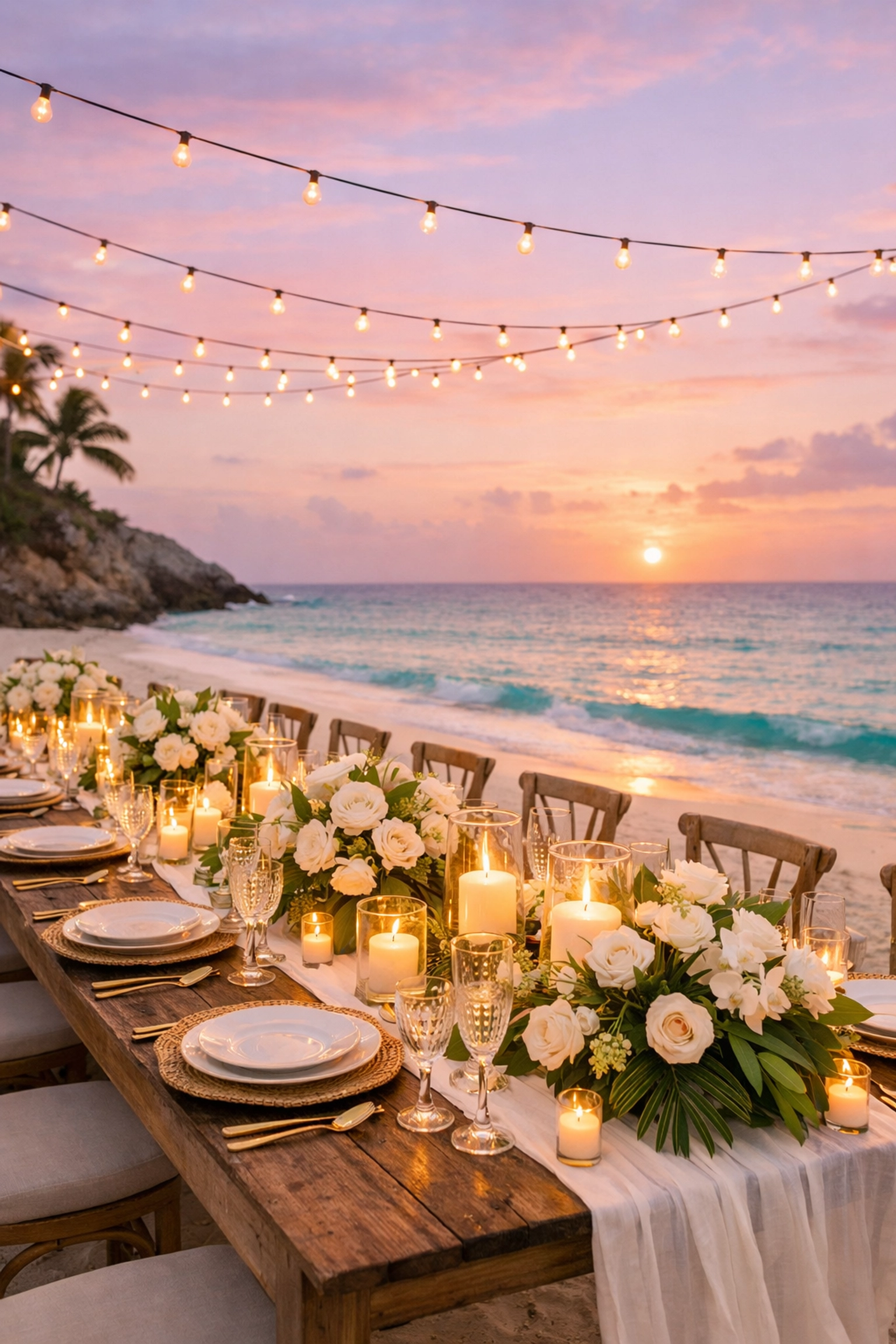 Elegant Mexico wedding packages reception setup with floral decor on a white sand beach at sunset.