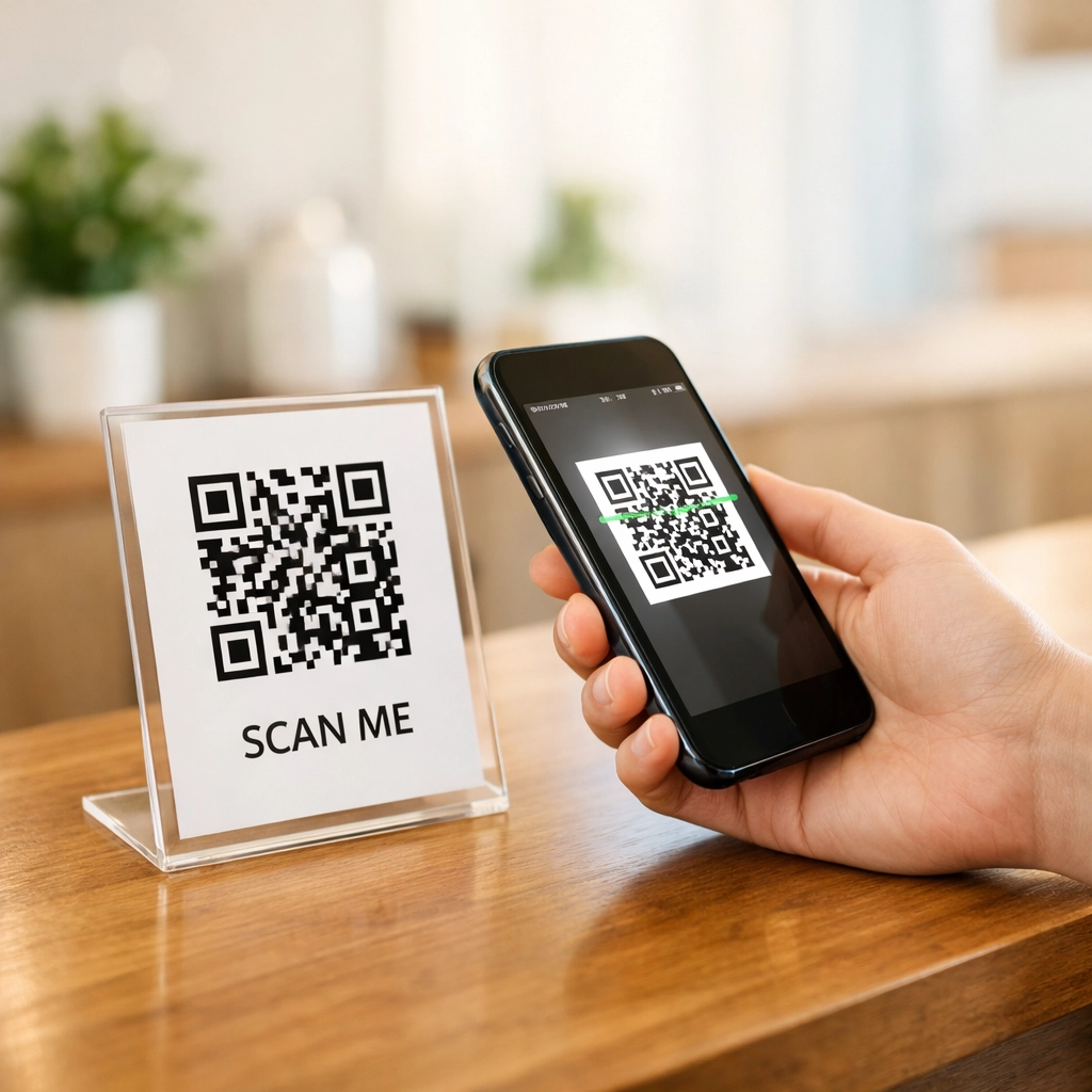 Customer scanning a Google review QR code with a smartphone for small business reputation management.