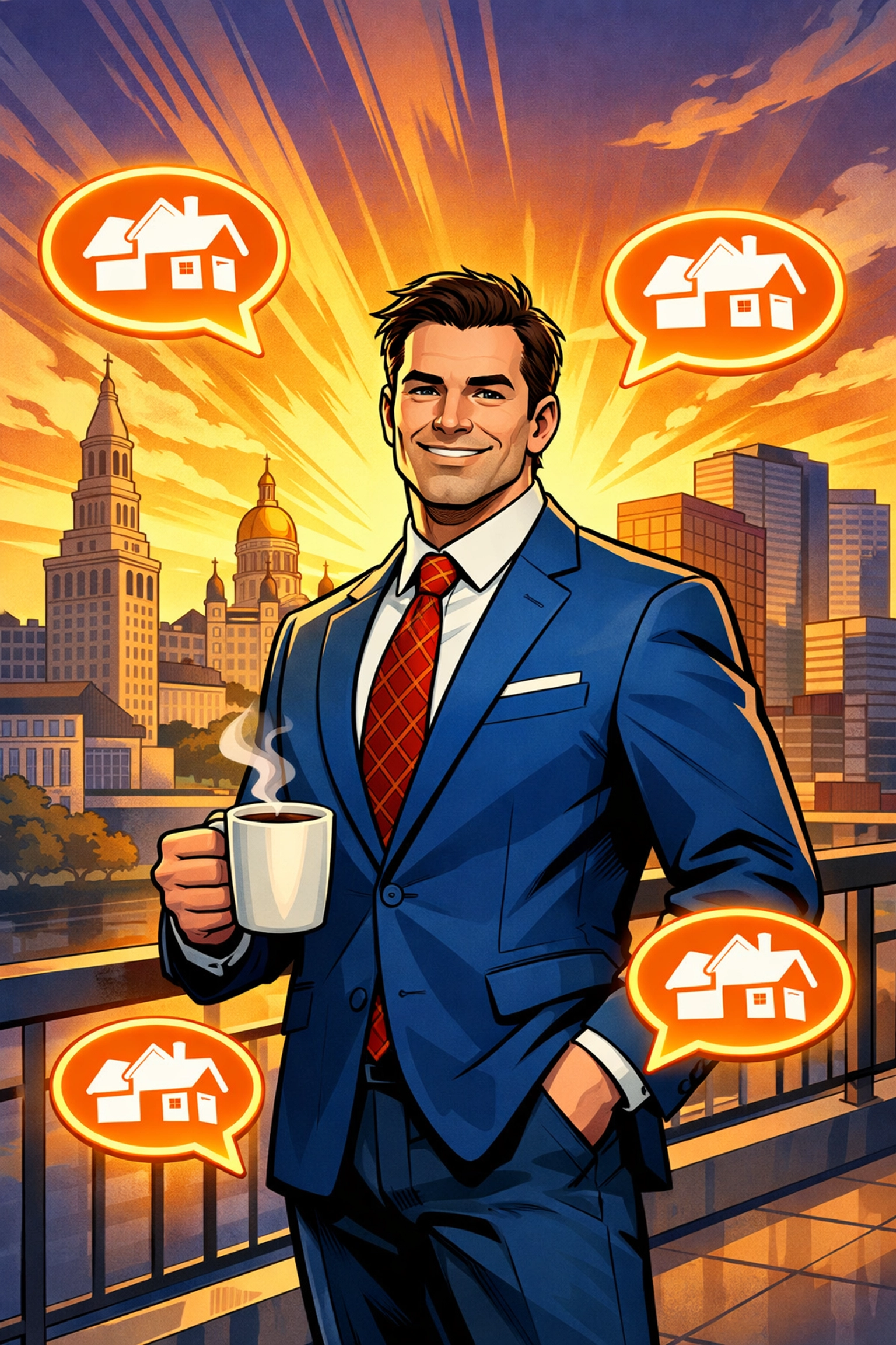 Hartford real estate agent Rob Rosa overlooking the city skyline at sunrise with new property listing alerts.