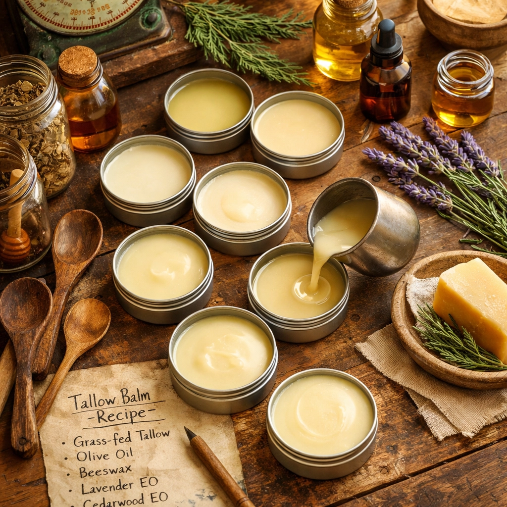 Small-batch tallow balm hand-poured in North Carolina workshop with natural botanicals