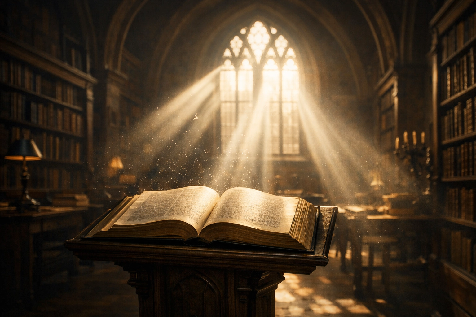 An open book in a historic library symbolizing biblical truth in Christian higher education.