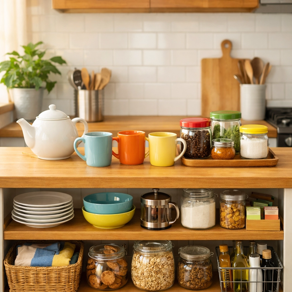 Organized kitchen shelves with items at waist height to prevent falls from reaching or climbing