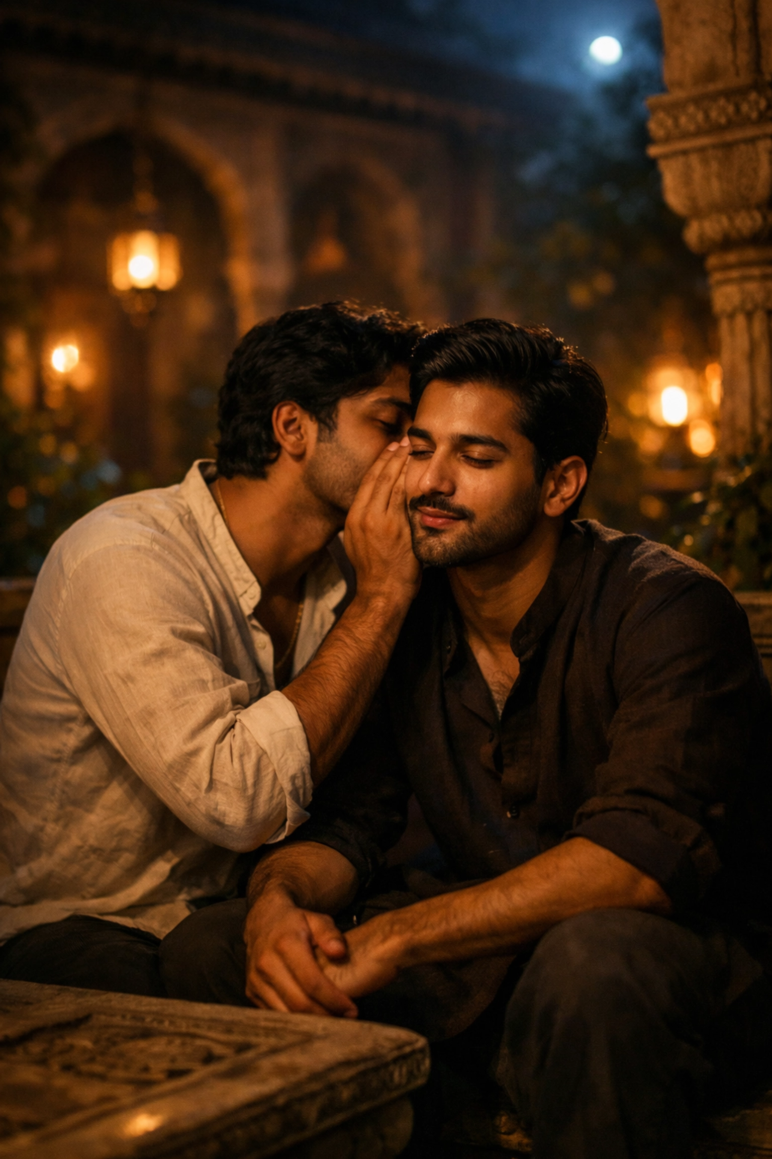 Two South Asian men sharing a private moment in a moonlit courtyard, symbolizing the concept of letting in.