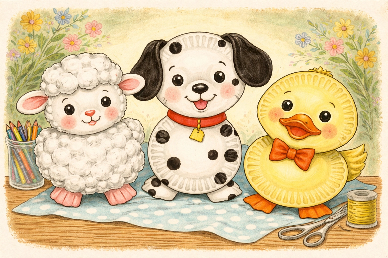 Paper plate animals including a lamb, dalmatian, and duck displayed together to inspire children's crafts.