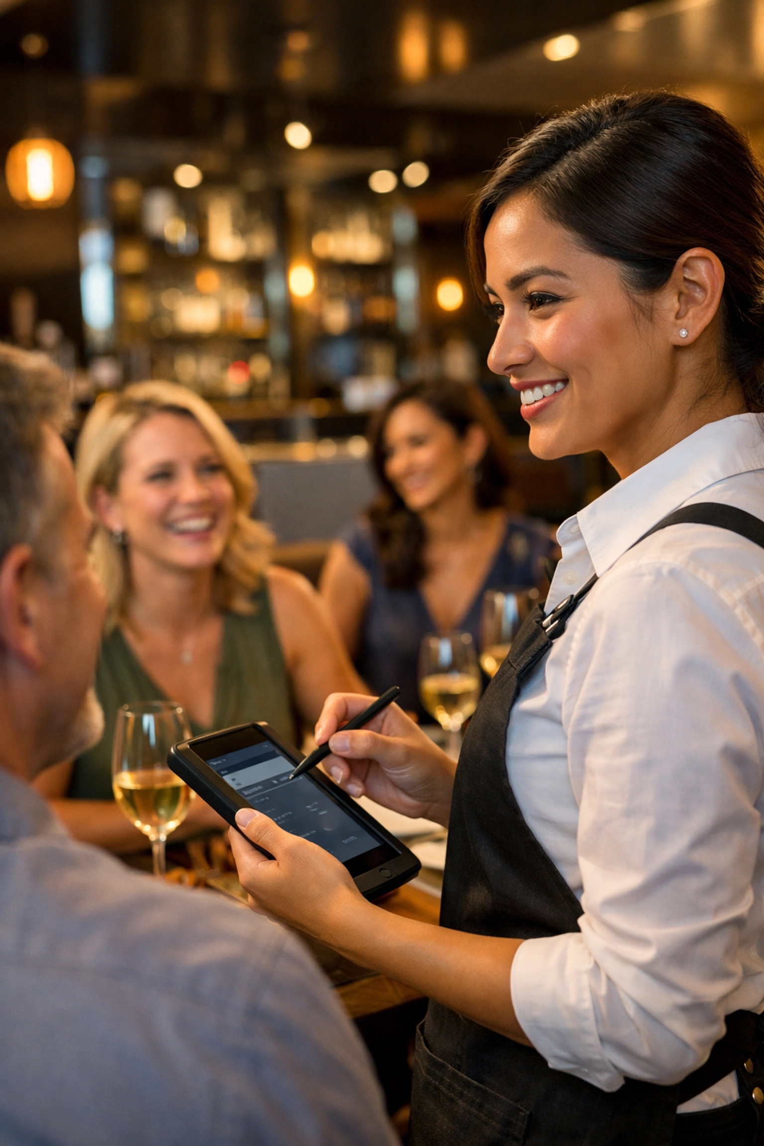 San Jose server using a handheld tablet for smart labor efficiency and digital menu ordering at a table.
