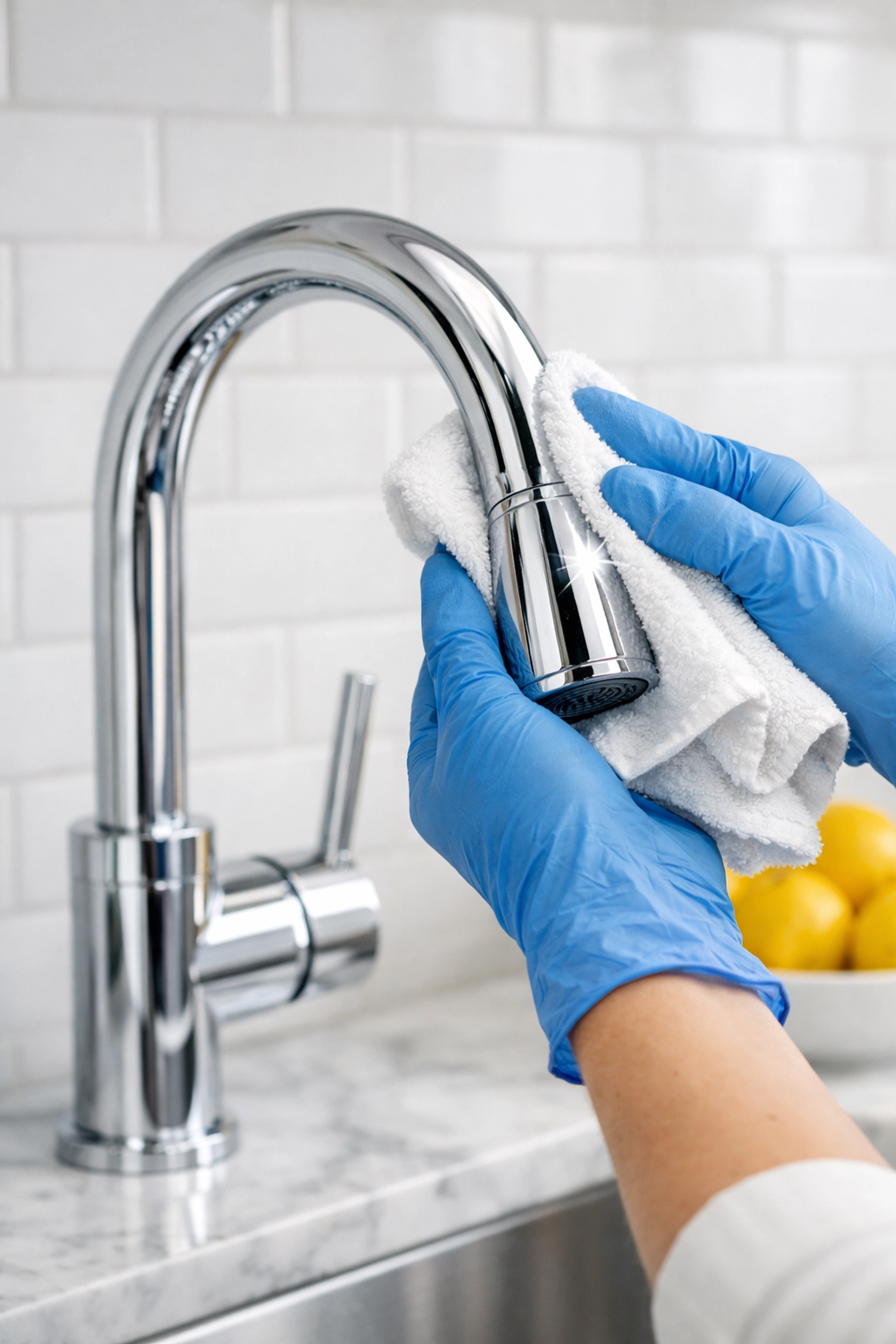 Detailed kitchen fixture polishing during a professional deep clean in a Massachusetts home.