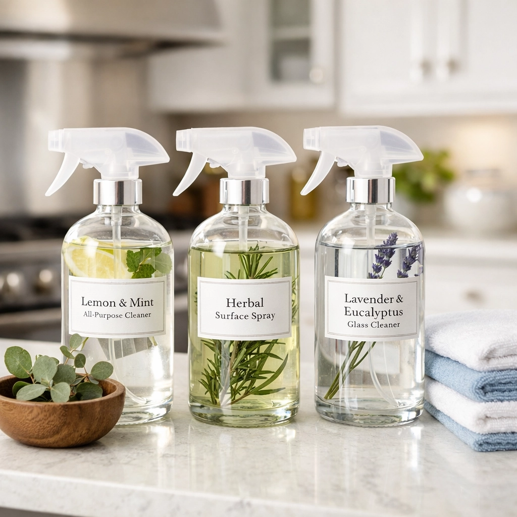 Plant-based eco-friendly supplies for premium residential cleaning Massachusetts on a quartz counter.