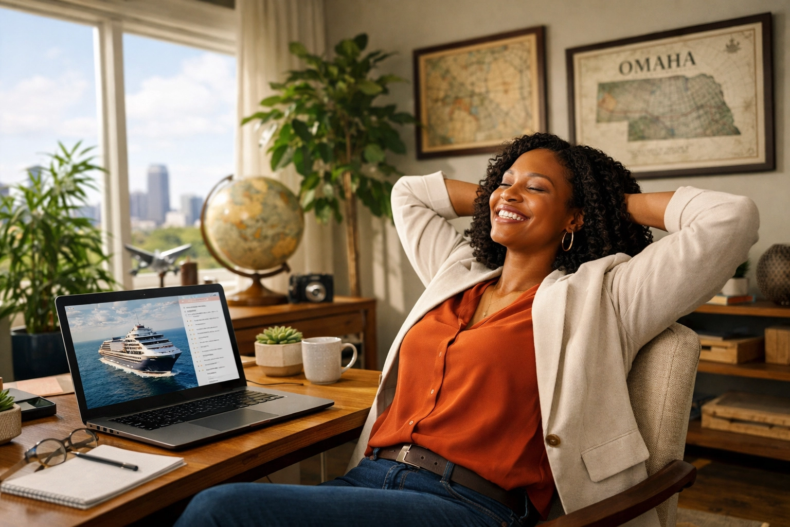 Omaha woman relieved while viewing vacation plans found by her cruise travel agent.