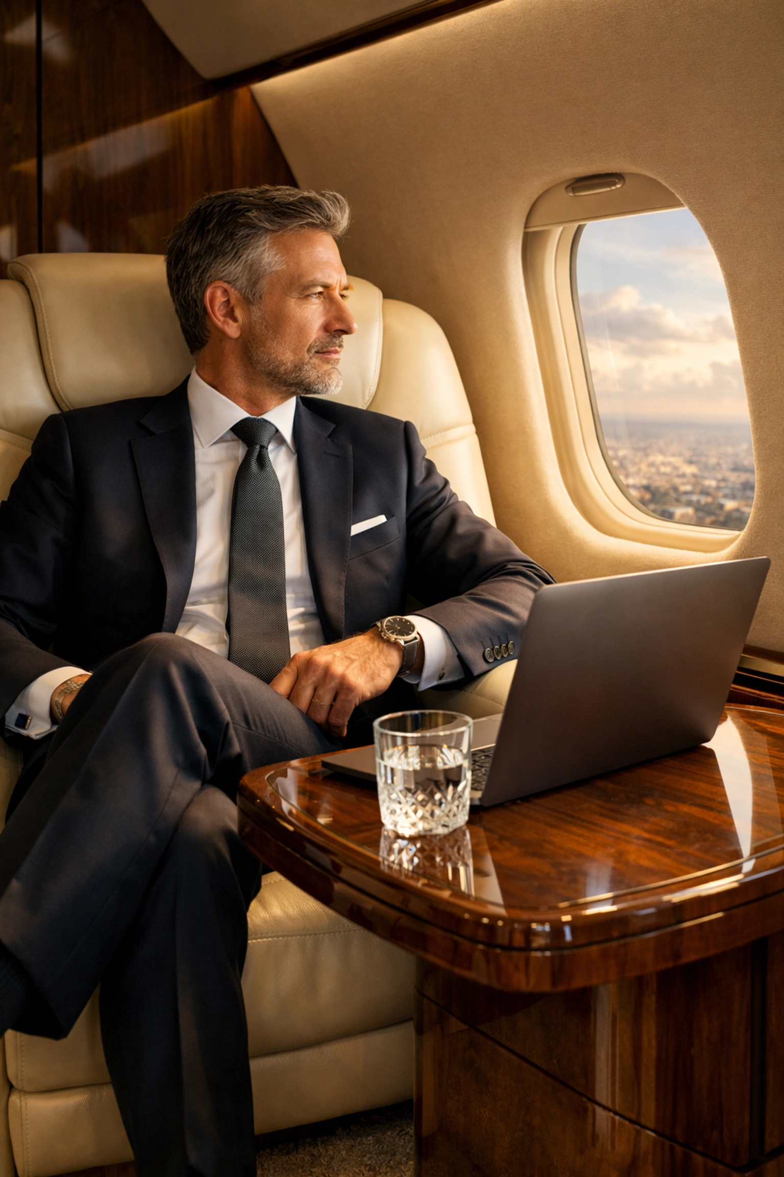 Executive working in a luxury private jet lounge during high-stakes Super Bowl travel.