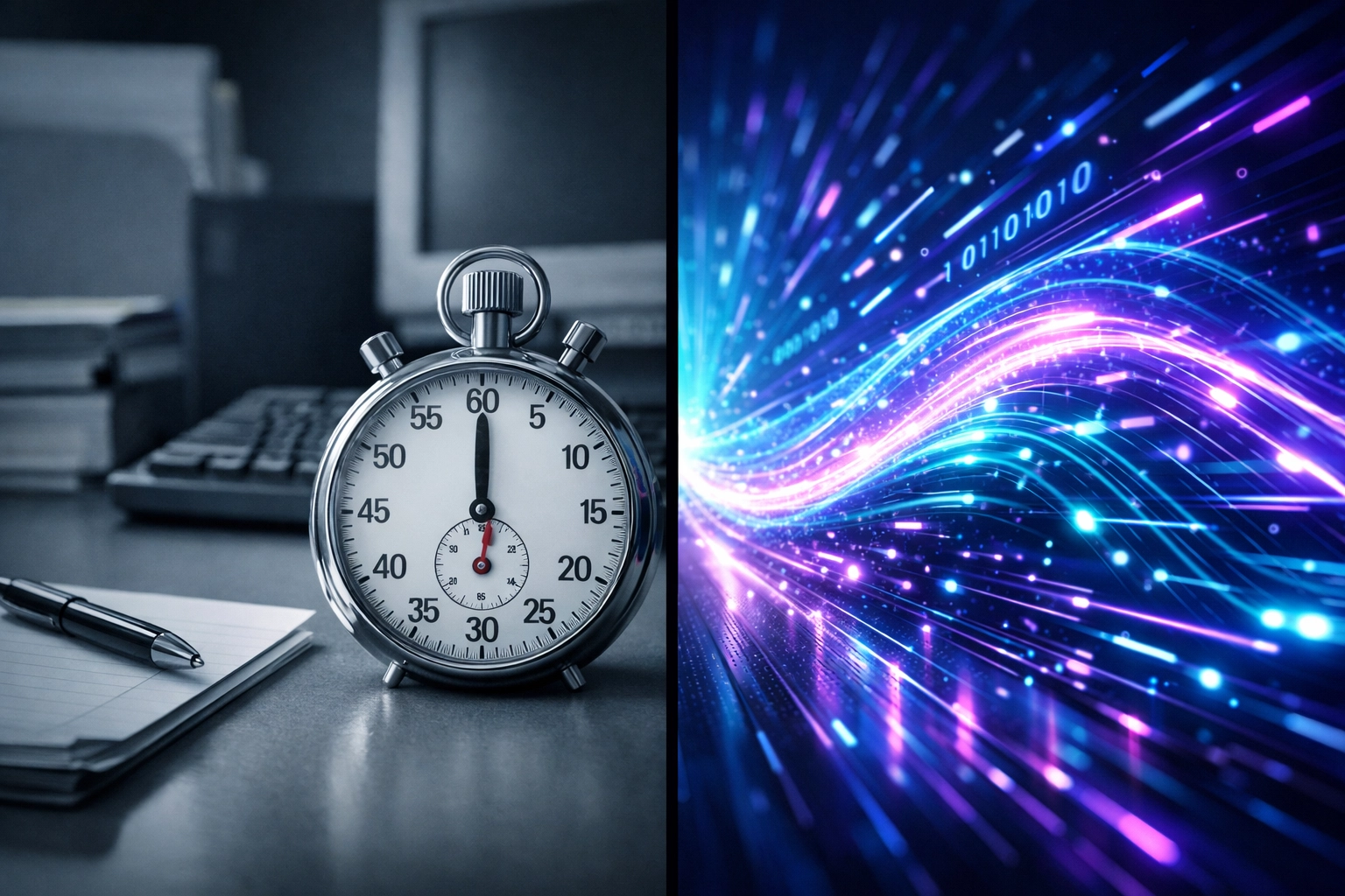 Vergleich von traditioneller Arbeit und effizienter Produktivität durch den ROI von KI-Trainings.