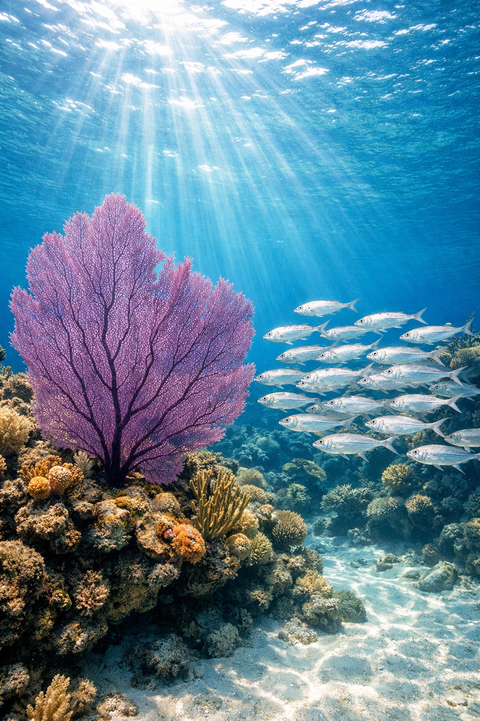 Vibrant purple sea fans and tropical fish on the coral reefs of Roatán.