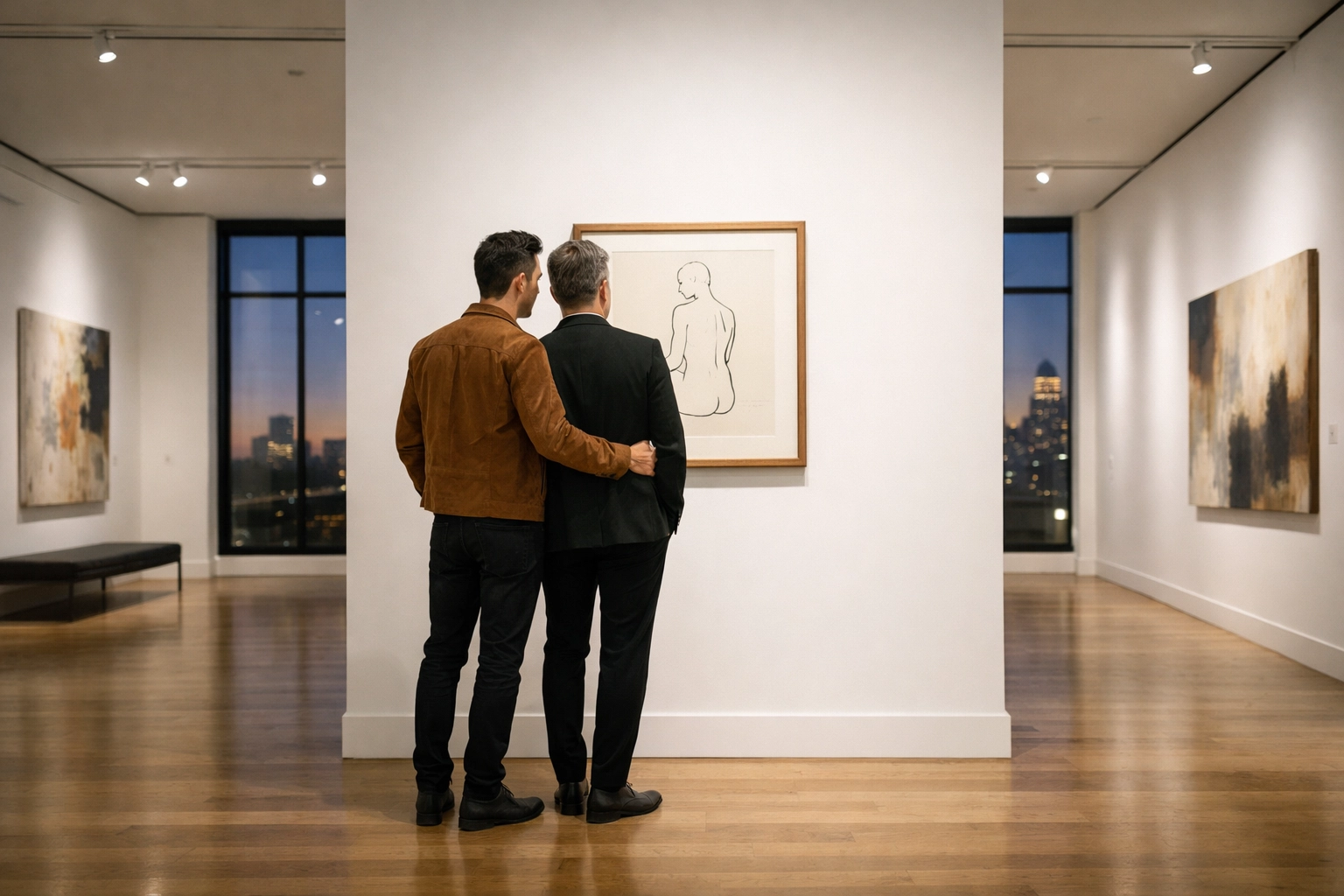 A gay couple views minimalist nude art in a modern gallery, reflecting LGBTQ culture and artistic identity.