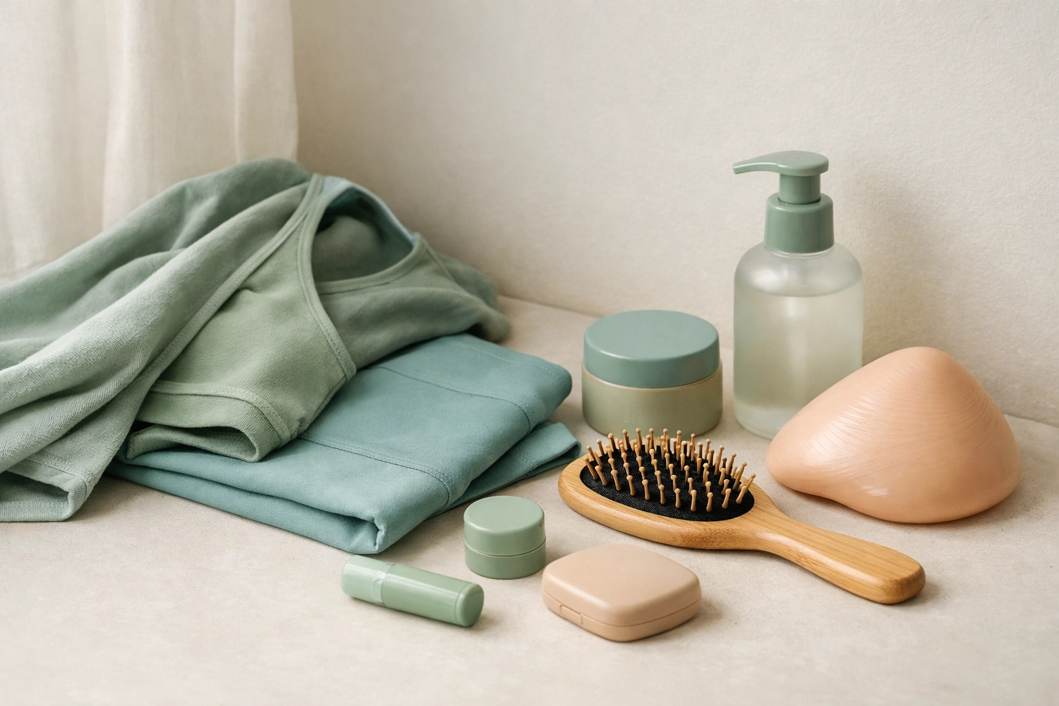 Gender-affirming items and personal care products arranged on clean surface