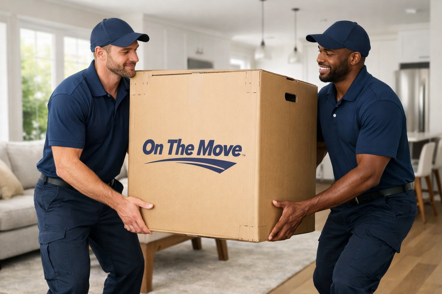 Two local movers carefully carrying a heavy box to provide a high-quality moving experience.