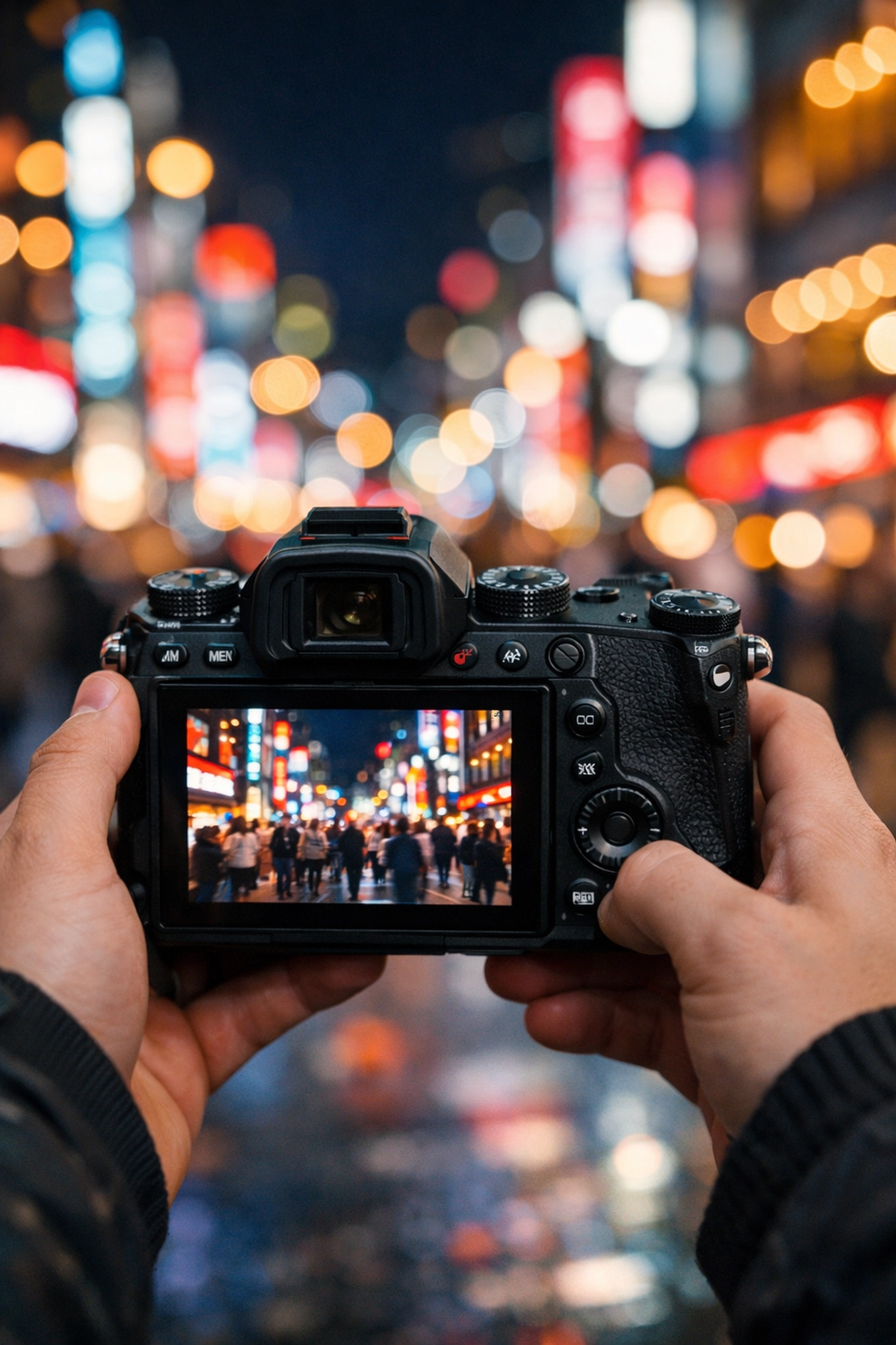A photographer using a mirrorless camera for shooting from the hip street photography ideas.