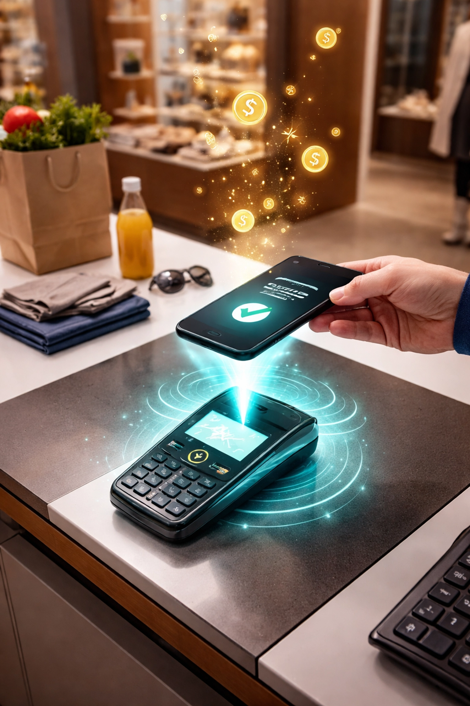 Modern retail checkout using contactless crypto POS, highlighting reduced interchange fees and seamless payments.