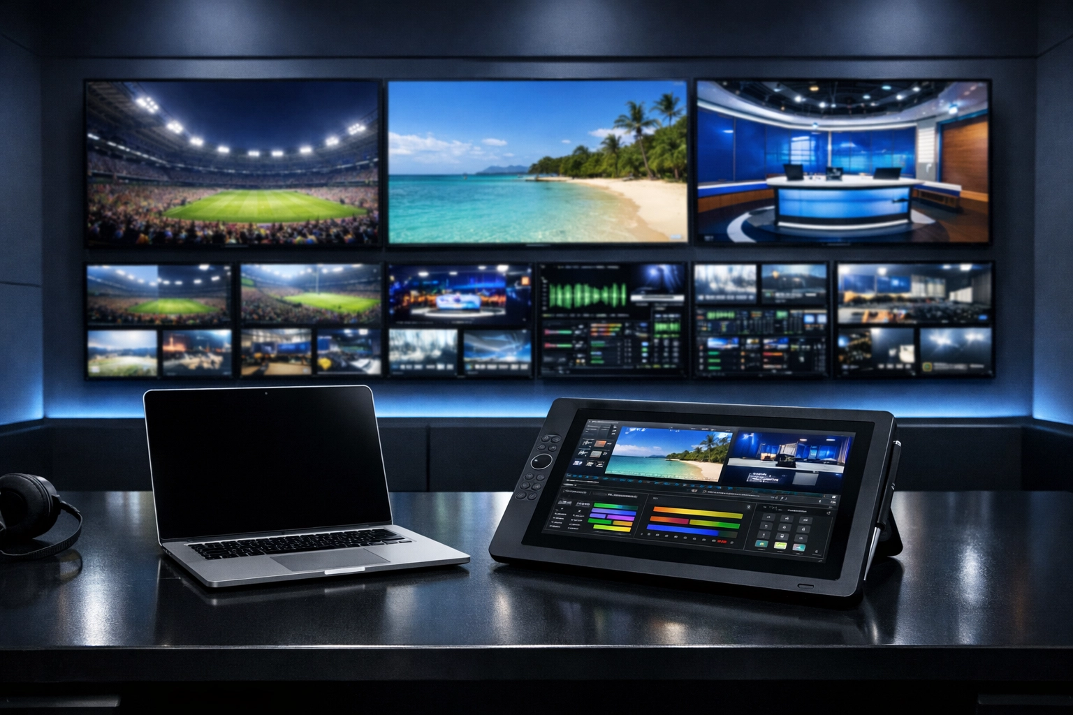 Modern media control room with digital monitors displaying sports and news content for agency scaling.