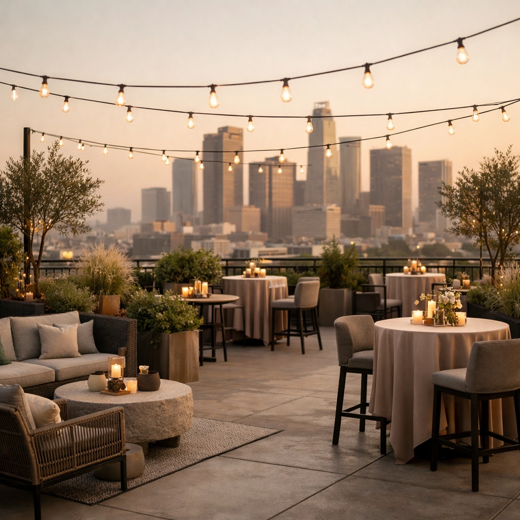 Hotel rooftop terrace set up as flexible event space with city views