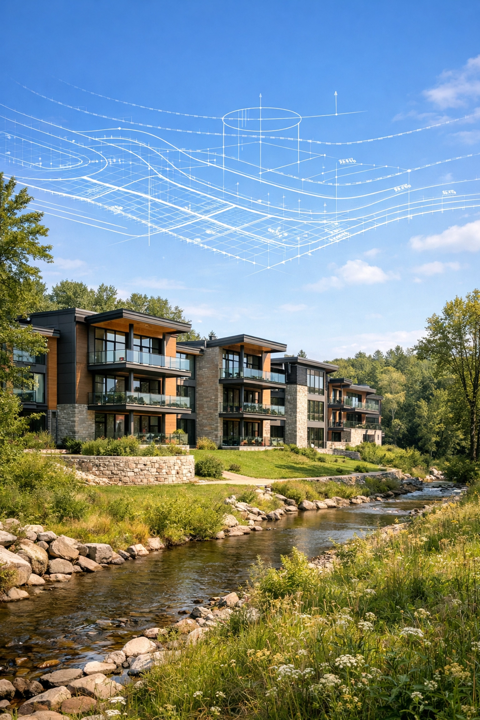 Completed multi-unit residential project in Ontario showing precise site grading and TRCA regulatory compliance.